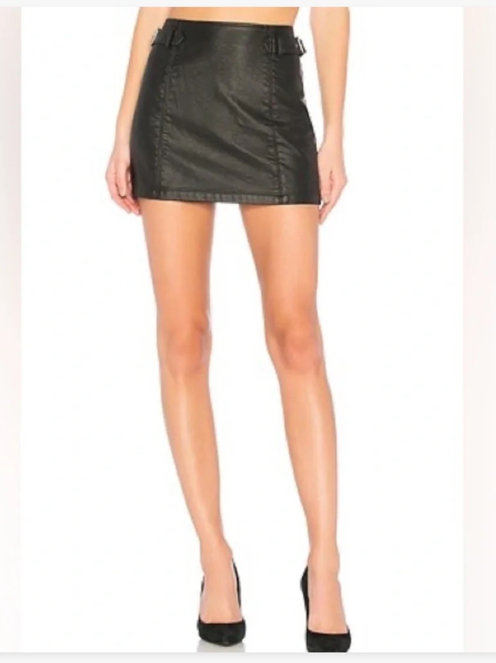 FREE PEOPLE Revolve Charli Black Faux Leather Mini Skirt Buckles Back Zipper